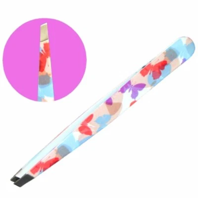 ROYAL Slanted Angled Tweezers Stainless Steel Butterfly Patterned Eyebrow Brow Hair