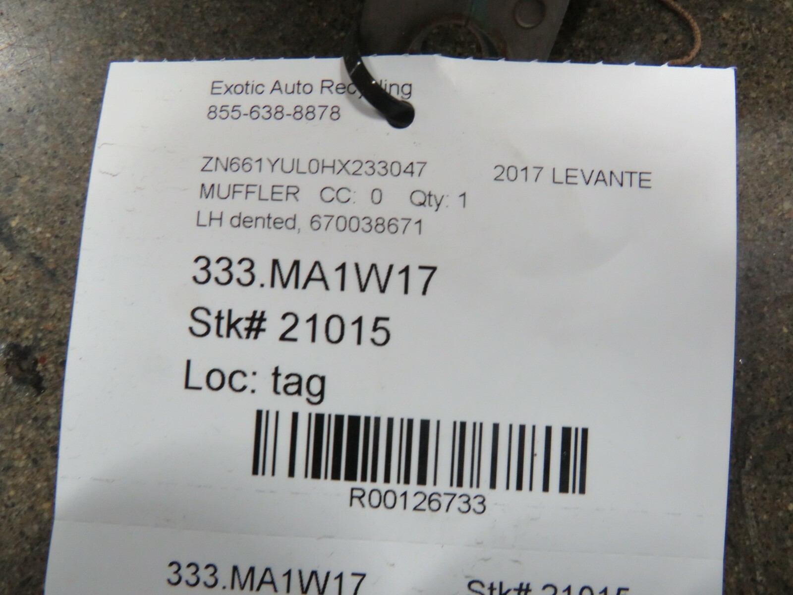 Maserati Levante, LH, Left, Muffler, Used, Dented, P/N 670038671