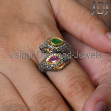 Double Snake Ring Natural Pave Diamond Emerald Ruby Gemstone 925 Silver Ring