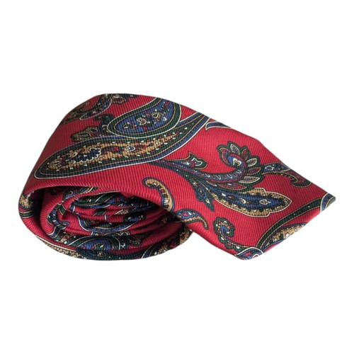 Vtg NWT Land's End 100% Silk Tie 3.5x58" Red Paisley Handsewn in USA Navy Gold - Picture 3 of 14