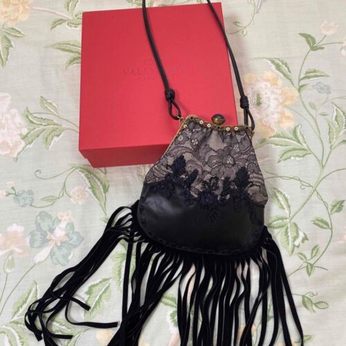 Valentino Garavani frower Lace Shoulder Bag lining red shoulder black w/box Used - Picture 1 of 10