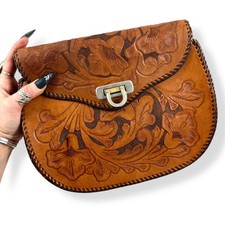 1950's cowgirl horseshoe buckle floral tooled leather handbag