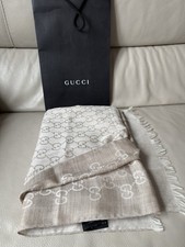 Authentic Gucci GG Jacquard Silk Wool Shawl Scarf Beige