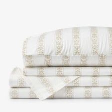 Rifle Paper Co Estee Stripe Bed Sheet Set Beige Tan Sateen New
