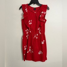 Red and white Floral Sleeveless Dress Ruffle top bodice Size Medium