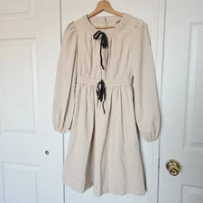 Sz XXS 🏷Ivy City Co. Fallon Dress Rayon Linen Cotton Color Oatmeal Velvet Bows