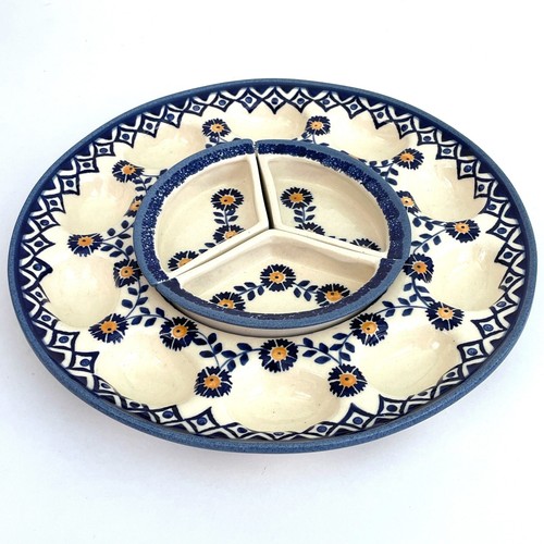 Vintage Wiza Polish Pottery Deviled Egg Platter 3-Part Dip trays Blue Floral