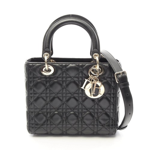 Dior Lady Dior 2Way Leather Handbag Women Black One Size