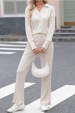 Beige Collared Split Neck Ribbed 2pcs Athleisure Outfit