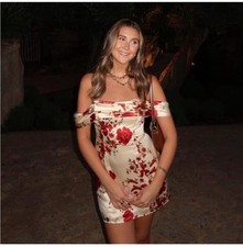 Reformation Lanelle Off The Shoulder Rose Floral Silk Mini Dress In Red & White