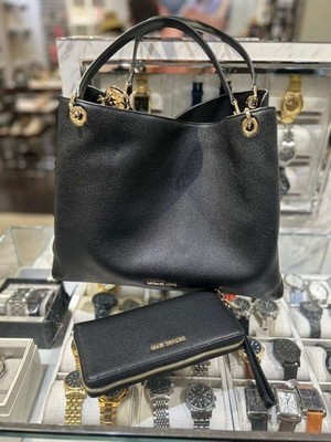 Michael Kors Christina Large Grained Leather Tote Bag + Continental Wallet Black