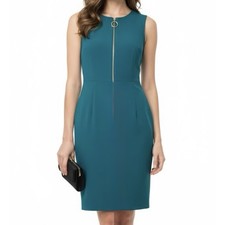Calvin Klein Teal Sleeveless Stretch Crepe Front Zip Sheath Dress Size 10