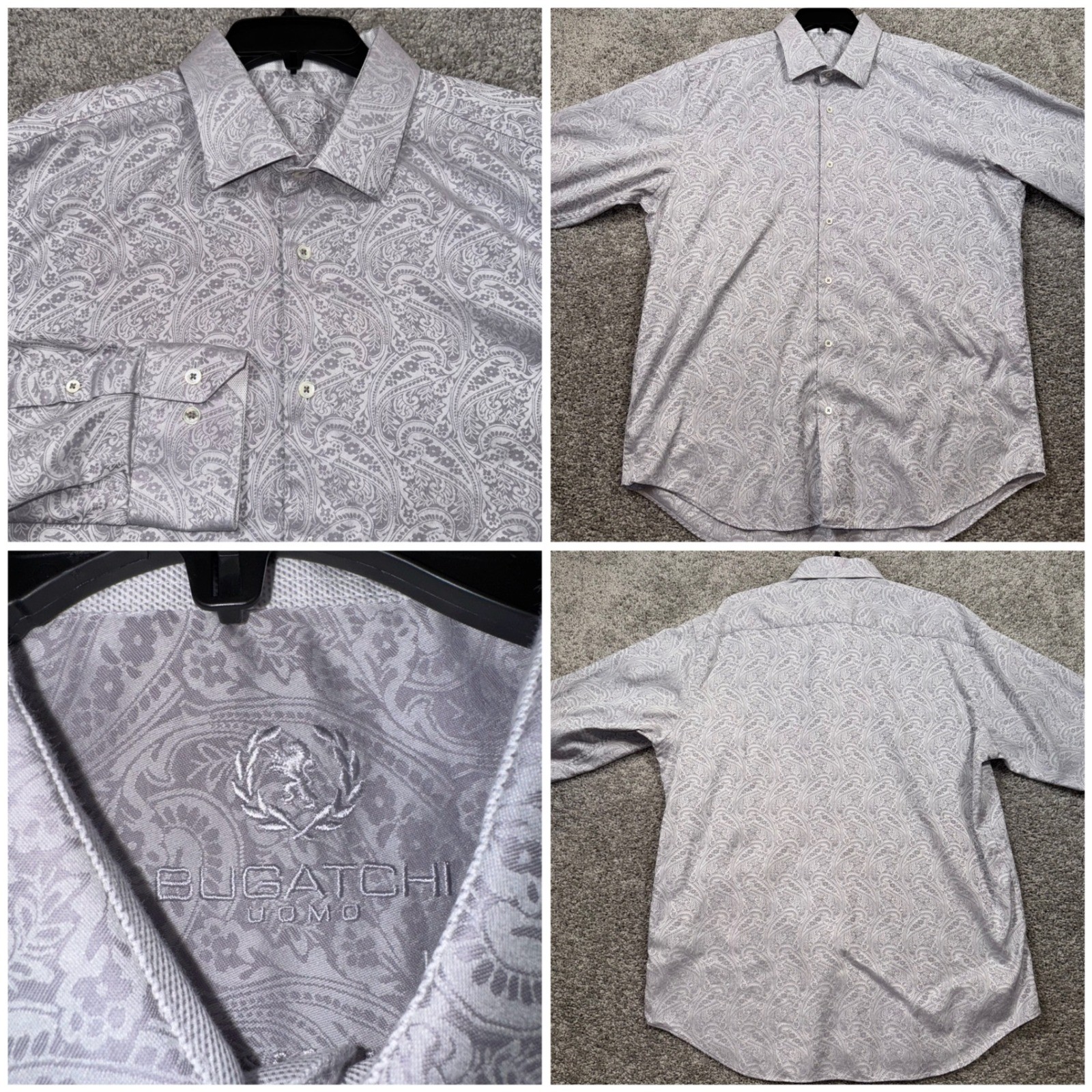 Bugatchi Uomo Mens XL Classic Fit Paisley Dress Shirt Long Sleeve Grey White