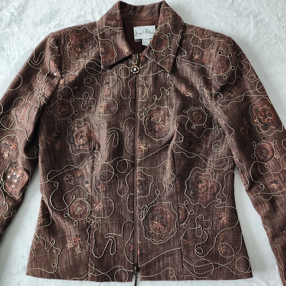 Joseph Ribkoff Jacket Womens 6 Brown Copper Embroidered Embellished Art To Wear - Image 2 of 4