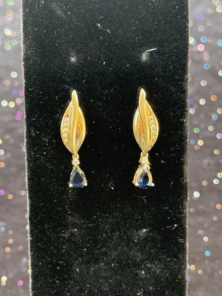 Vintage 14k Yellow Gold Diamond And Sapphire Drop Earrings - Image 2 of 4