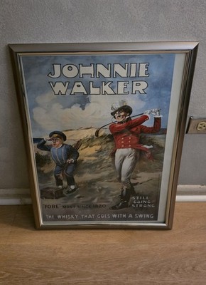 Johnnie Walker Framed Advertising Sign ''Still Going Strong'' Blue/Red/Beige/Black