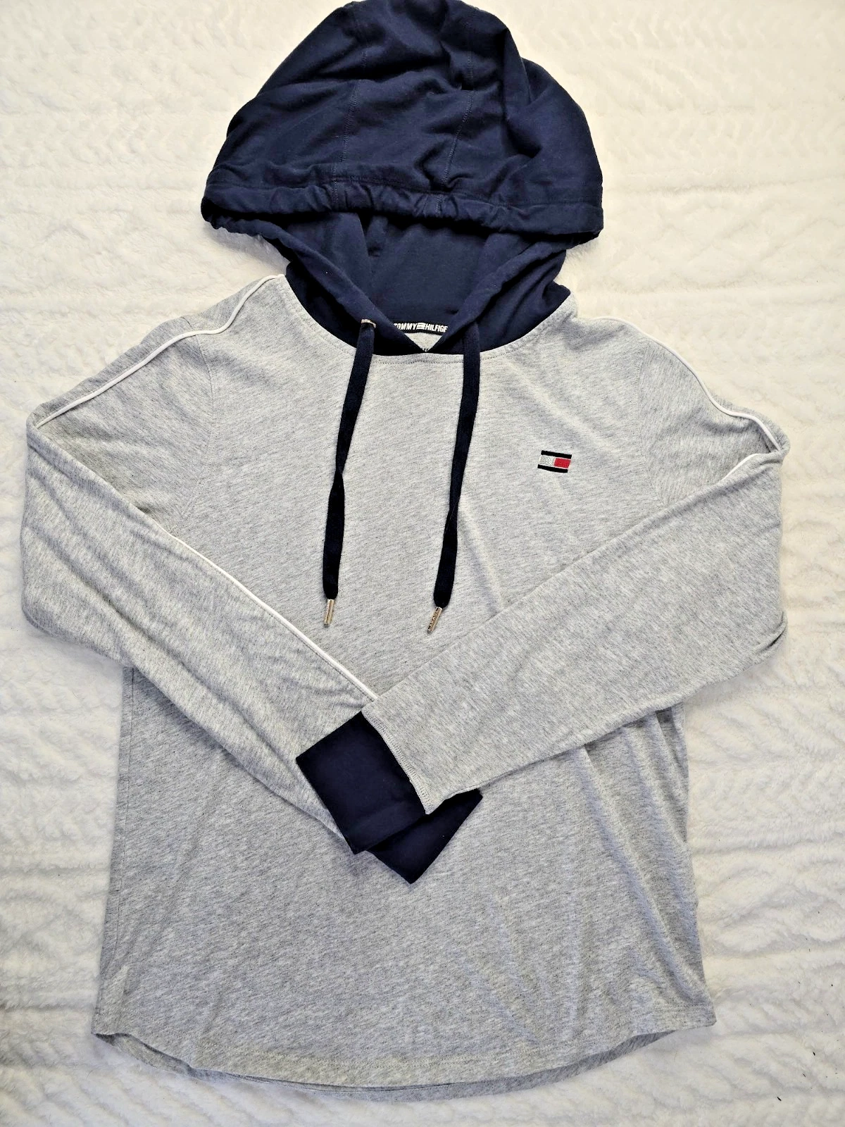 Tommy Hilfiger Hoodie Gray Navy Long Sleeve Logo Lightweight Athletic Top M