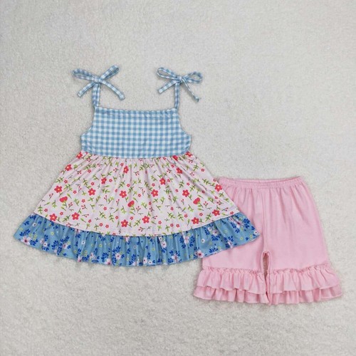 Girls Sleeveless Ruffle Tunic Shorts Set 2pcs Summer Outfit Floral Print - Picture 6 of 13