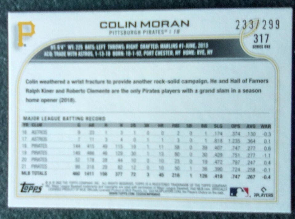 2022 Topps MLB SERIE 1 Orange Foilboard /299 Card #317 COLIN MORAN Pirates - Image 4 of 4