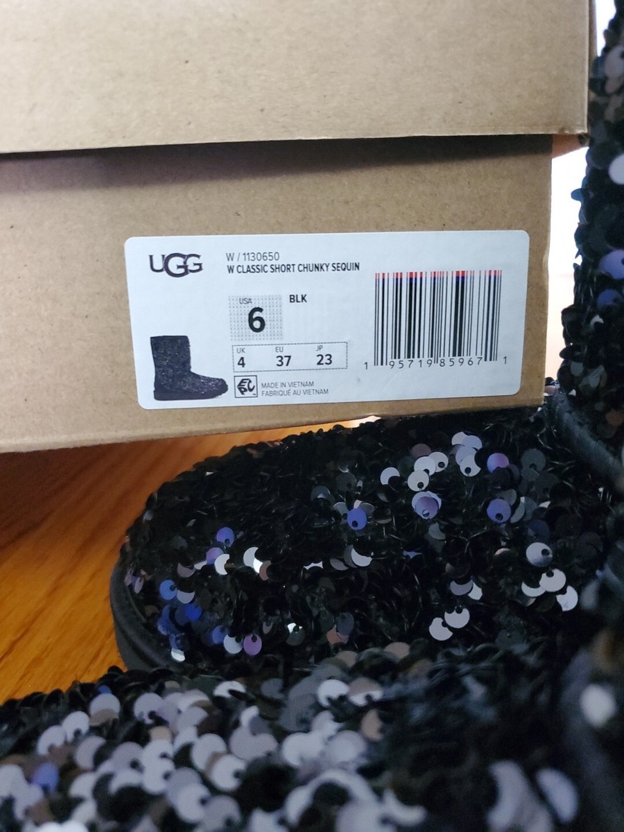 UGG Classic Short Chunky Black Sequin Sheepskin Boots Size 6 Women