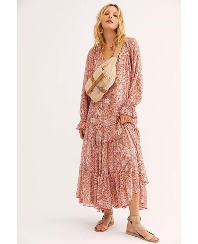 NEW FREE PEOPLE Sz M FEELING GROOVY PRINTED BOHO MAXI DRESS IN RED COMBO - Picture 4 of 7