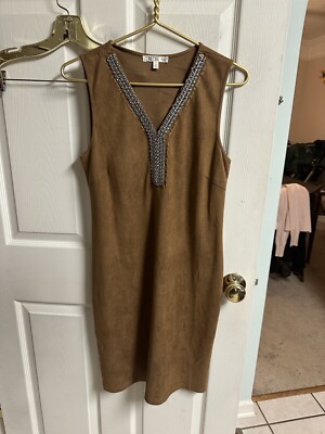 Spense Tan Brown Sleeveless Stretch Jumper Dress Med 6 P Studded Faux Suede  | eBay