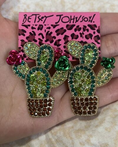 Betsey Johnson green cactus earrings with flowers rhinestone