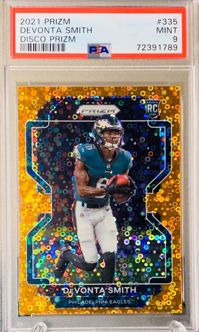 DeVonta Smith 2021 Panini Prizm Orange Disco Prizm #335 Rookie Card Eagles PSA 9