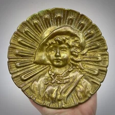 Heavy Vintage Collectible Cast Gilt Bronze Table Ashtray Plate Lady Girl