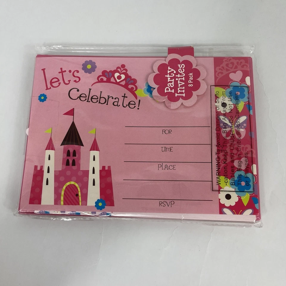 Convites de festa de aniversário princesa 16 cartões conjunto envelopes castelo rosa em branco - Imagem 2 de 4