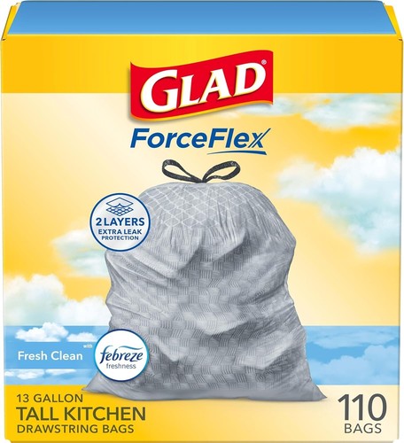 Glad ForceFlex Tall Kitchen Drawstring Trash Bags, 13 Gal (110 Ct)
