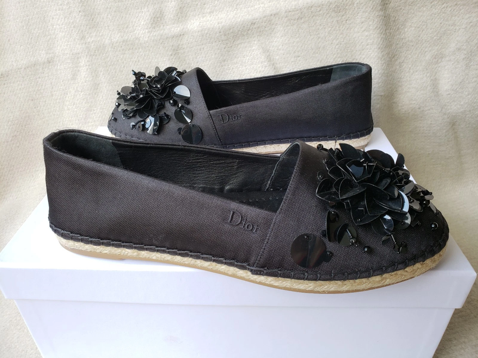 Massin plat Christian Dior espadrille toile noire 39 coucher de soleil fleur paillettes neuf dans sa boîte