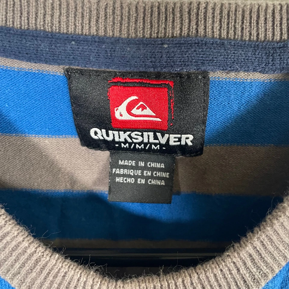 Quiksilver 条纹毛衣男式中号蓝色灰色圆领冲浪针织冬季 * — 第 2/4 张图片