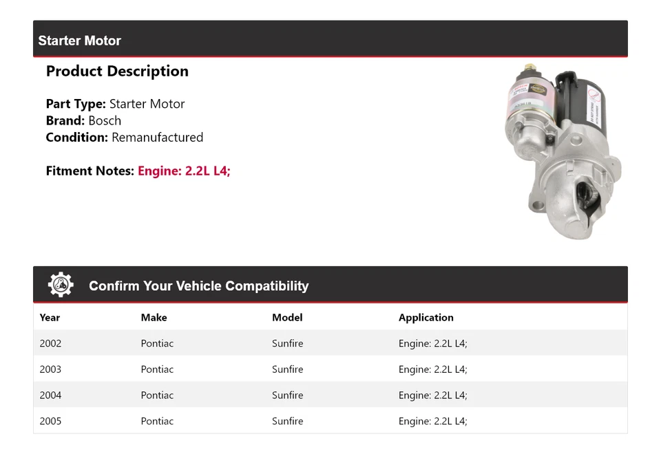 Arranque Bosch Pontiac Sunfire 2002-2005 2,2 L L4 (remanufacturado) 2003 2004 Foto 2 de 4
