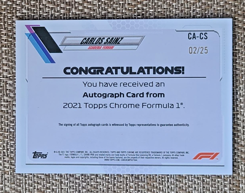 2021 Topps Chrome F1 Carlos Sainz Orange Refractor Autograph Auto #02/25 SSP - Picture 2 of 2