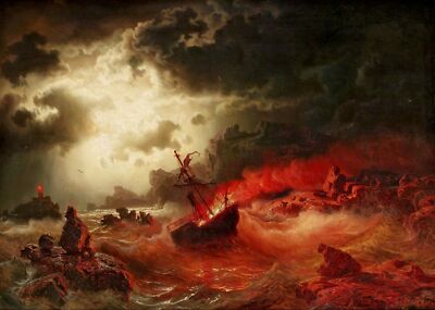 Marcus Larson Night Marine Scene with Burning Ships 1858 17''x 22'' Archival Print