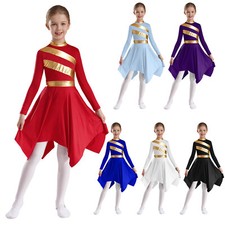 Kids Girls Praise Long Sleeve Dancewear Latin Dresses Irregular Ballroom Flowy