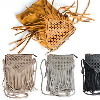 MARKENLOS Damen Tasche Schultertasche CrossOver Umhängetasche Ethno Fransen Cutout Muster