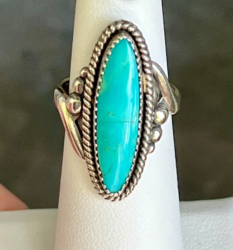 Vintage Signed longer Navajo turquoise sterling silver ring 5.6 gm PINKY SIZE 4