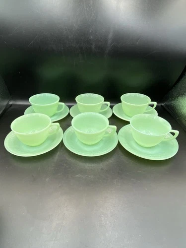 12pc Firking Fire king Jane Ray Jadeite JADITE Cups & Saucers