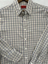 Isaia Napoli Button Up Dress Shirt Men Size 17 43 White Beige Black Plaid Italy