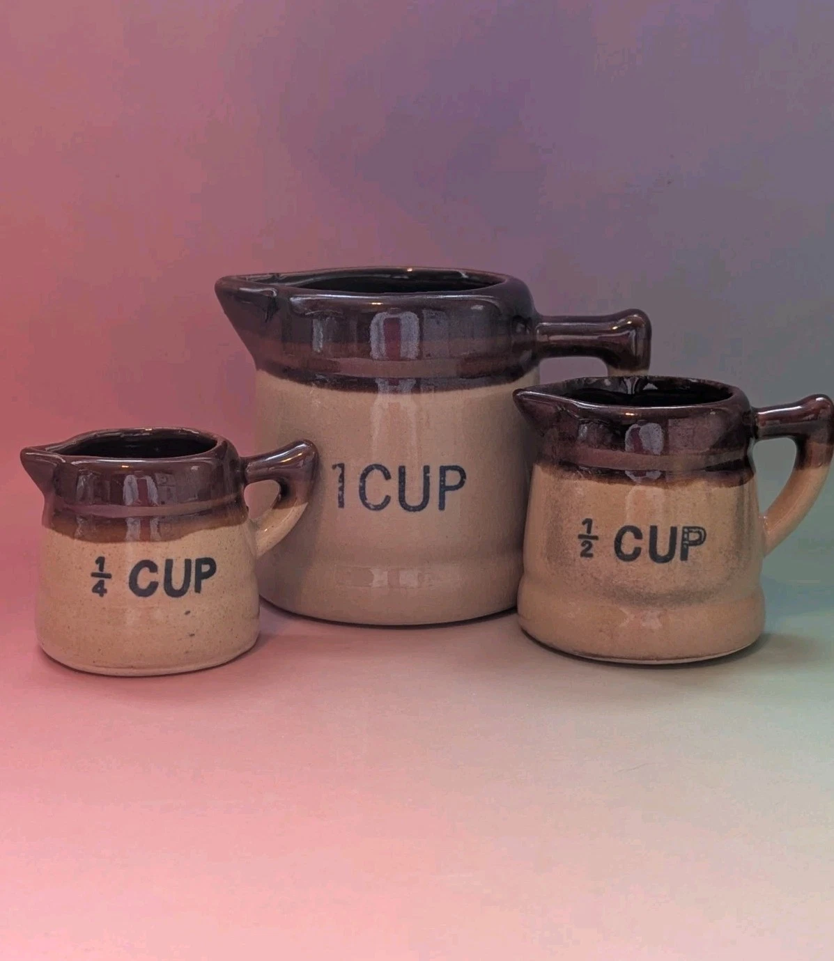 Vintage Stoneware Measuring Cups Set 3 Brown Tan Farmhouse 1 1/2 1/4