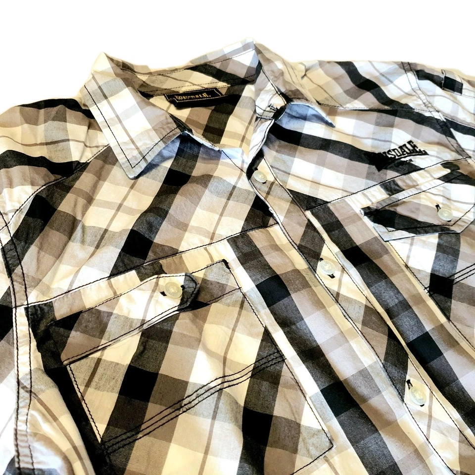Lonsdale London Mens M Short Sleeve Shirt Black White Plaid Button Free Post  - Image 3 of 4