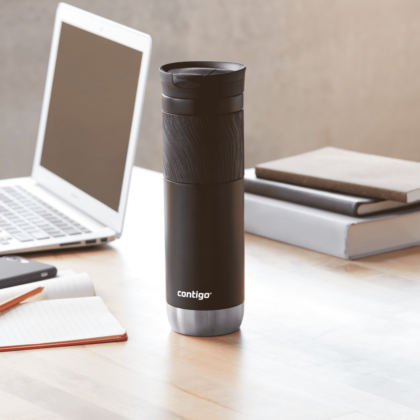 Byron 2.0 Stainless Steel Travel Mug with SNAPSEAL Lid and Grip, Black, 24oz