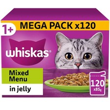 120 x 85g Whiskas 1+ Mixed Menu Mixed Adult Wet Cat Food Pouches in Jelly 3.84 per kilo