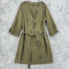 Talbots Dress 16 Chambray Button Ruffle Minimalist Casual Pockets Belted Green