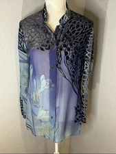 CITRON SANTA MONICA XS 100% Silk Burn-Out Velvet Blue-Green Floral Boho Blouse