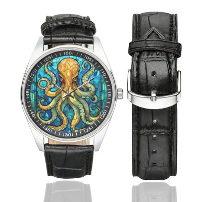 Stained Glass Octopus Watch with Black Leather Band For Adult