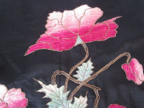 Antique Black Silk Embroidered Pink Ombres Peony Flowers 20"sq fabric - Picture 2 of 13