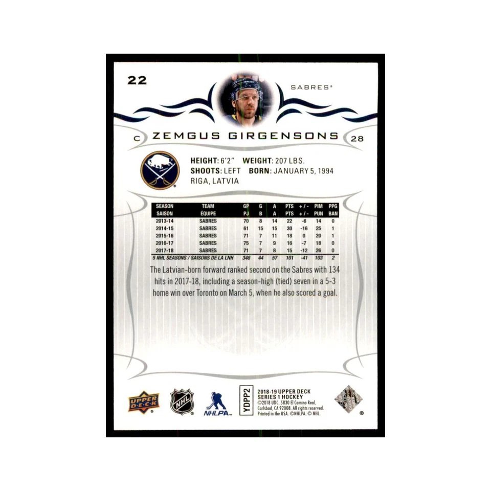 Zemgus Girgensons 2018 Upper Deck #22 Hockey Cards Hockey Card NM - Image 2 of 3